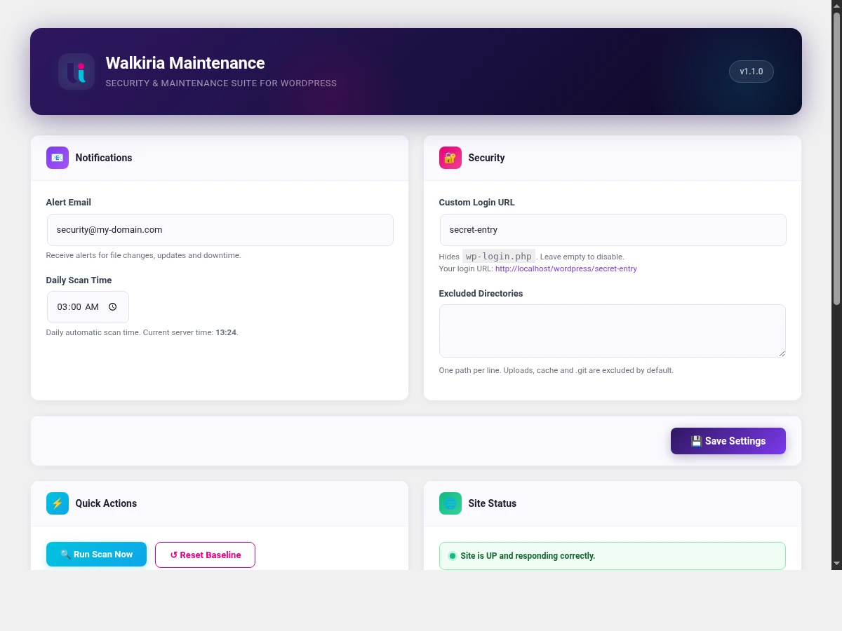Panel de Control Oficial de Walkiria Maintenance en WordPress
