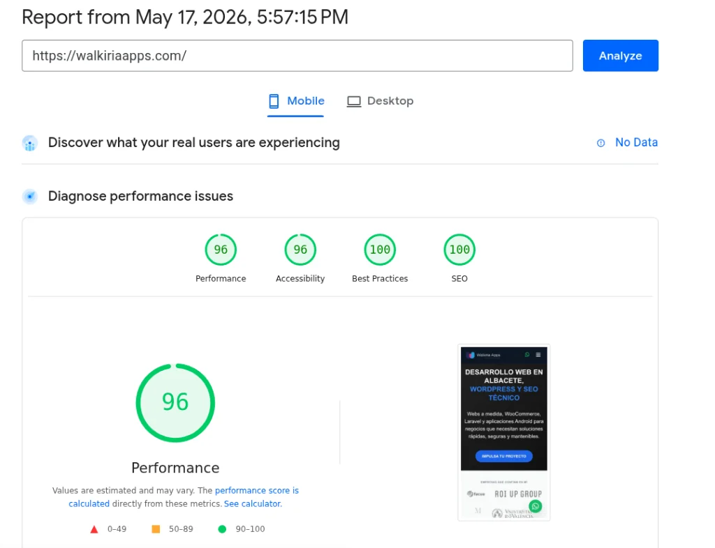 Auditoría Google PageSpeed Mobile Walkiria Apps